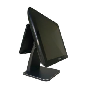 Terminal de punto de venta Advanced APT-J6412 de color negro con pantalla de 15 pulgadas y carcasa de aluminio robusta para entornos comerciales de alto tráfico.