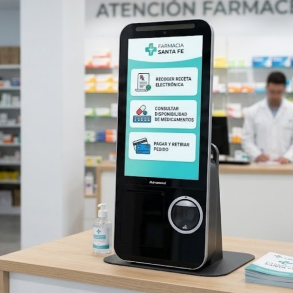 Kiosco de autoservicio ASA15 de Advanced con pantalla táctil de 15.6 pulgadas, ideal para farmacias y comercios minoristas.