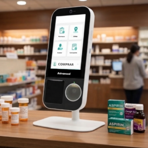Kiosco de autoservicio compacto y versátil modelo ASA10 de la marca Advanced, con pantalla táctil de 10.1 pulgadas, ideal para puntos de pago e interacción con clientes.